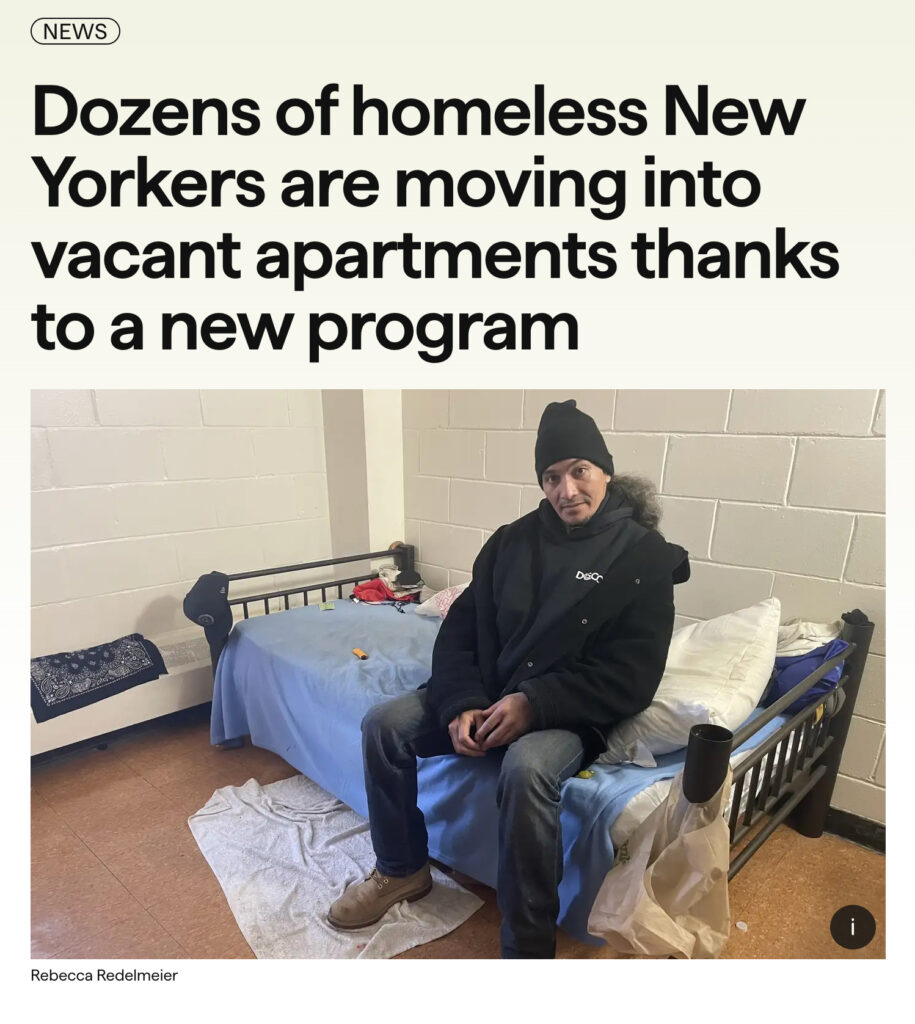 text reads "dozens of homeless new yorkers are moving into vacant apartments thanks to a new program"